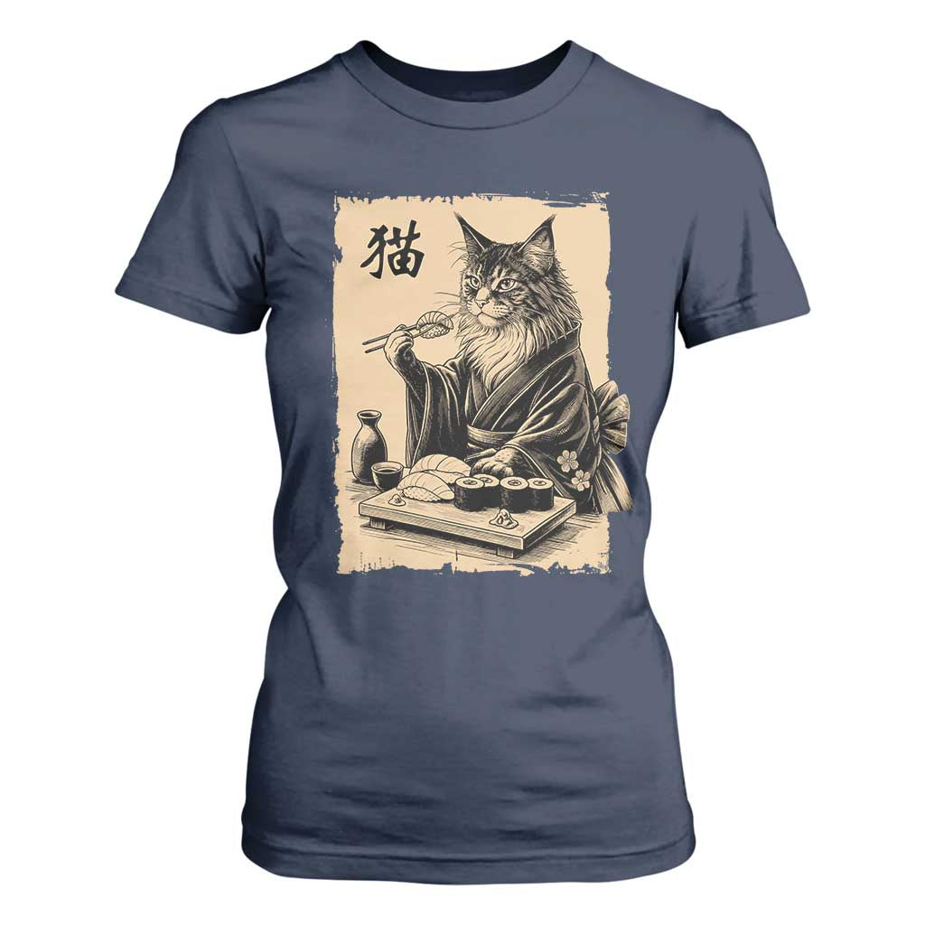 Vintage Japanese Cat Eating Sushi T Shirt For Women Funny Maine Coon Kimono Gift TS12 Navy Print Your Wear