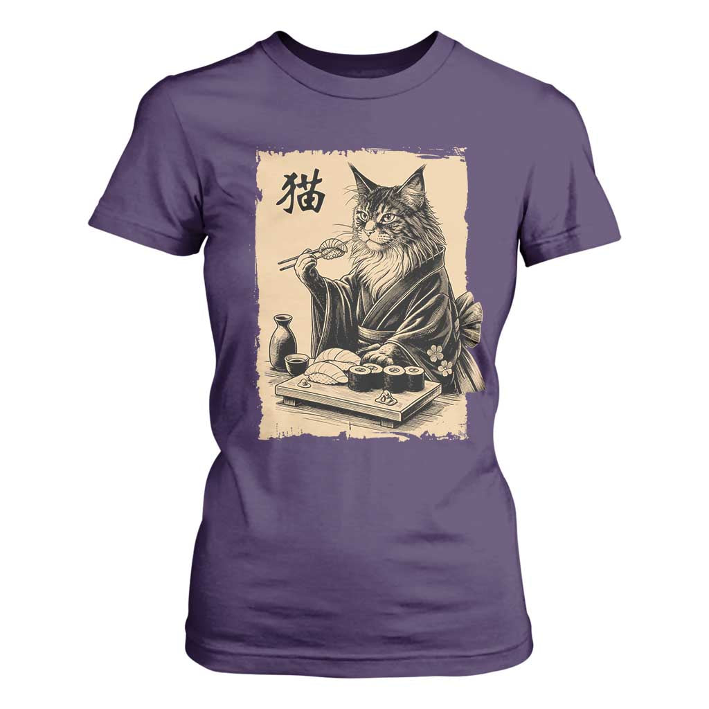 Vintage Japanese Cat Eating Sushi T Shirt For Women Funny Maine Coon Kimono Gift TS12 Purple Print Your Wear