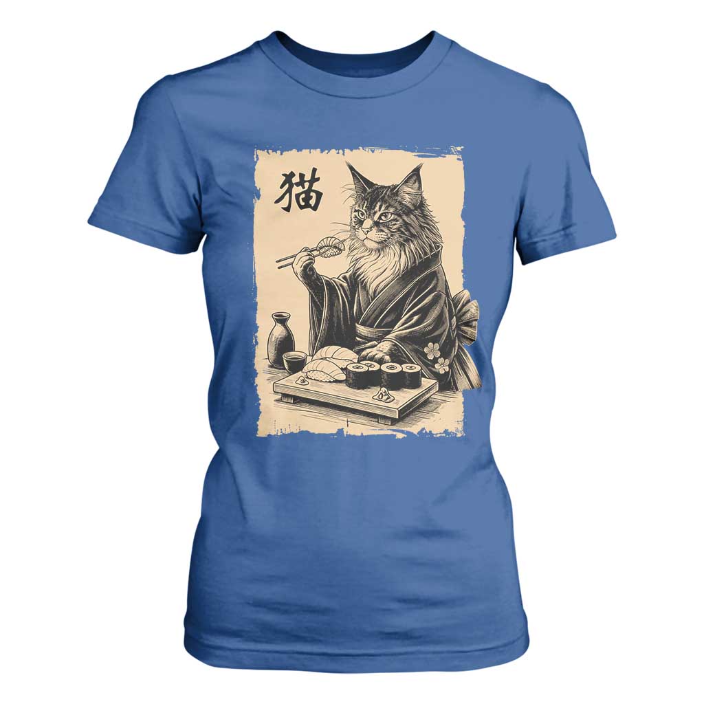Vintage Japanese Cat Eating Sushi T Shirt For Women Funny Maine Coon Kimono Gift TS12 Royal Blue Print Your Wear