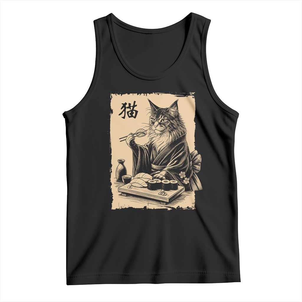 Vintage Japanese Cat Eating Sushi Tank Top Funny Maine Coon Kimono Gift TS12 Black Print Your Wear