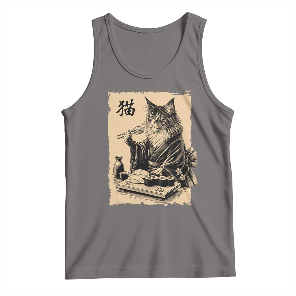 Vintage Japanese Cat Eating Sushi Tank Top Funny Maine Coon Kimono Gift TS12 Deep Heather Print Your Wear