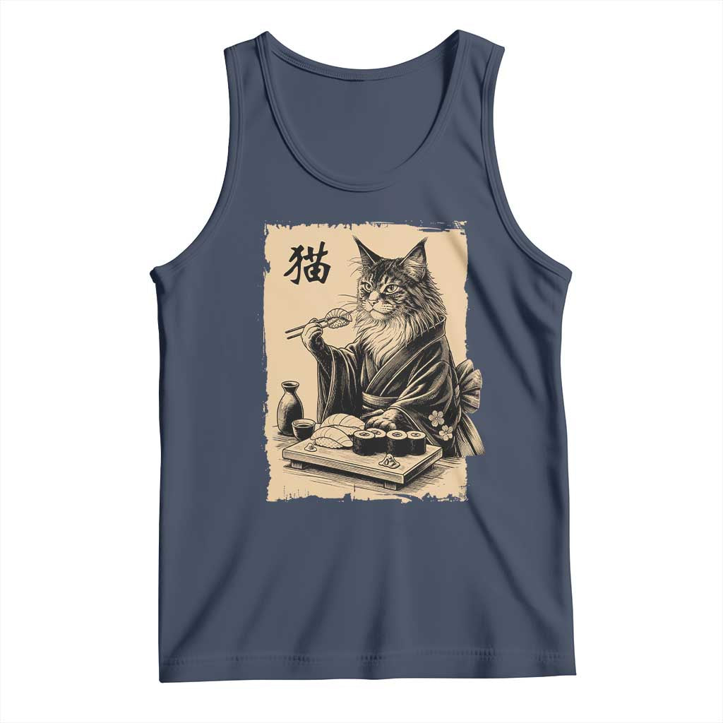 Vintage Japanese Cat Eating Sushi Tank Top Funny Maine Coon Kimono Gift TS12 Navy Print Your Wear