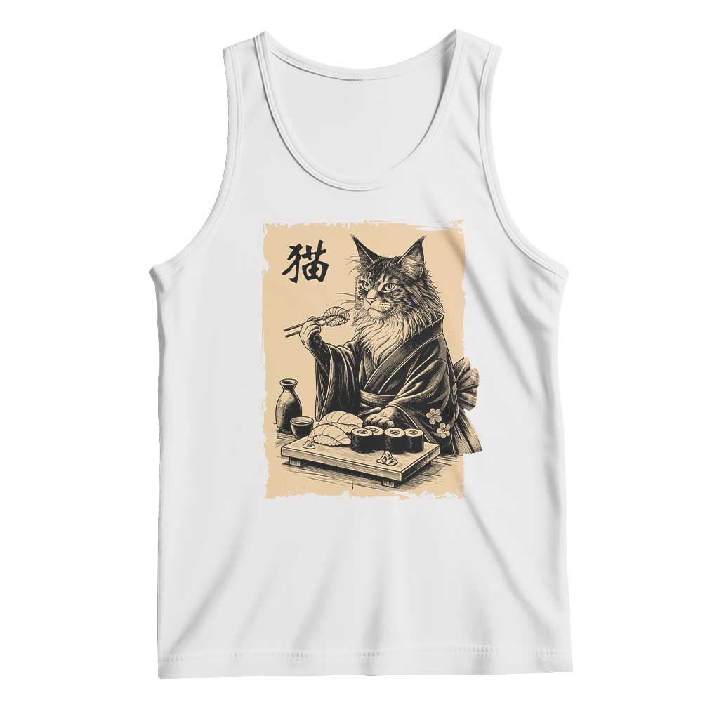 Vintage Japanese Cat Eating Sushi Tank Top Funny Maine Coon Kimono Gift TS12 White Print Your Wear