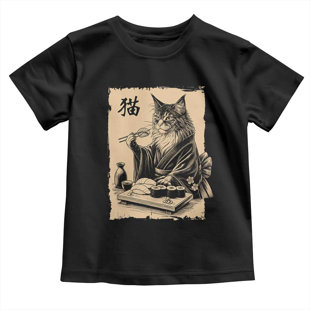 Vintage Japanese Cat Eating Sushi Toddler T Shirt Funny Maine Coon Kimono Gift TS12 Black Print Your Wear