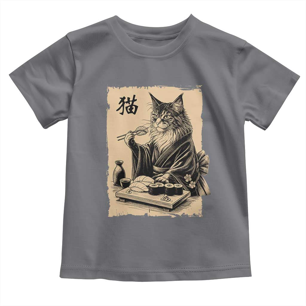 Vintage Japanese Cat Eating Sushi Toddler T Shirt Funny Maine Coon Kimono Gift TS12 Charcoal Print Your Wear