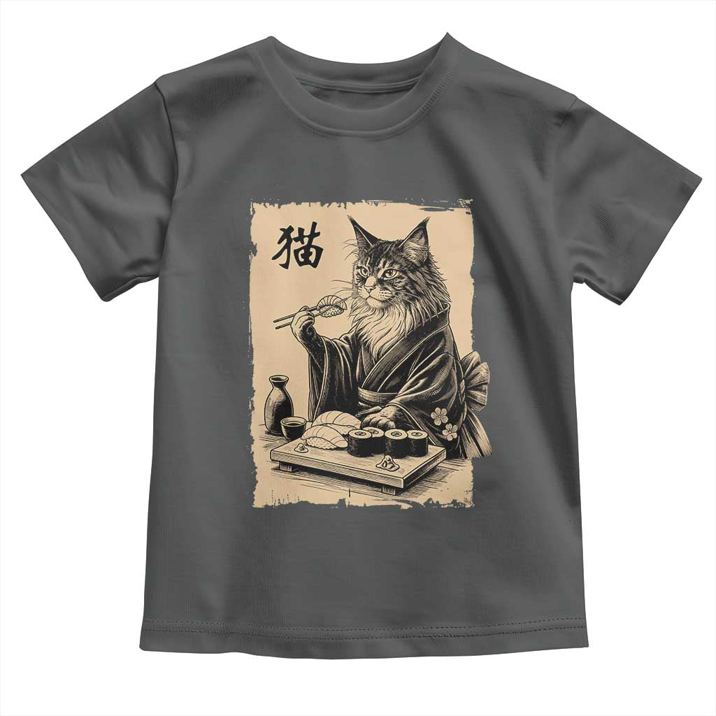 Vintage Japanese Cat Eating Sushi Toddler T Shirt Funny Maine Coon Kimono Gift TS12 Dark Heather Print Your Wear