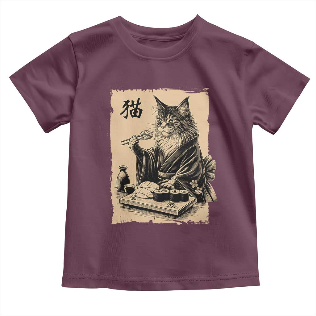 Vintage Japanese Cat Eating Sushi Toddler T Shirt Funny Maine Coon Kimono Gift TS12 Maroon Print Your Wear