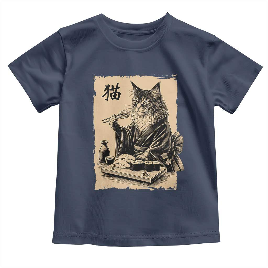 Vintage Japanese Cat Eating Sushi Toddler T Shirt Funny Maine Coon Kimono Gift TS12 Navy Print Your Wear