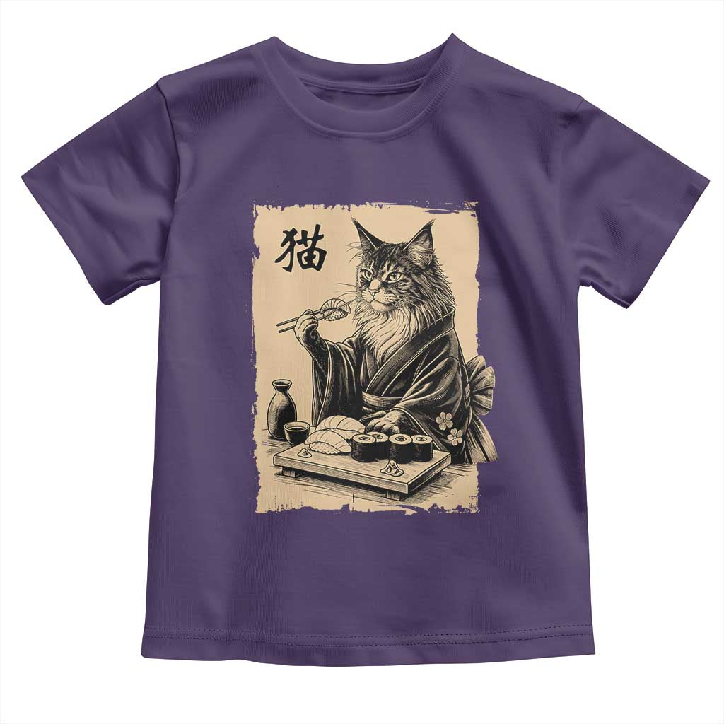 Vintage Japanese Cat Eating Sushi Toddler T Shirt Funny Maine Coon Kimono Gift TS12 Purple Print Your Wear