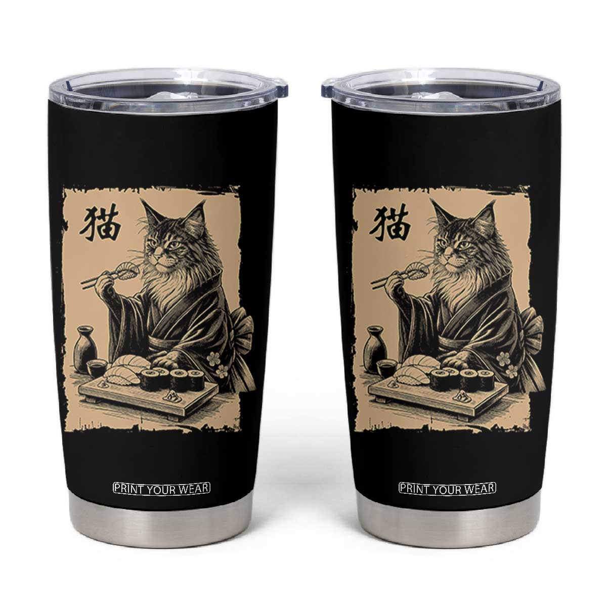 Vintage Japanese Cat Eating Sushi Tumbler Cup Funny Maine Coon Kimono Gift TS12 Black Print Your Wear