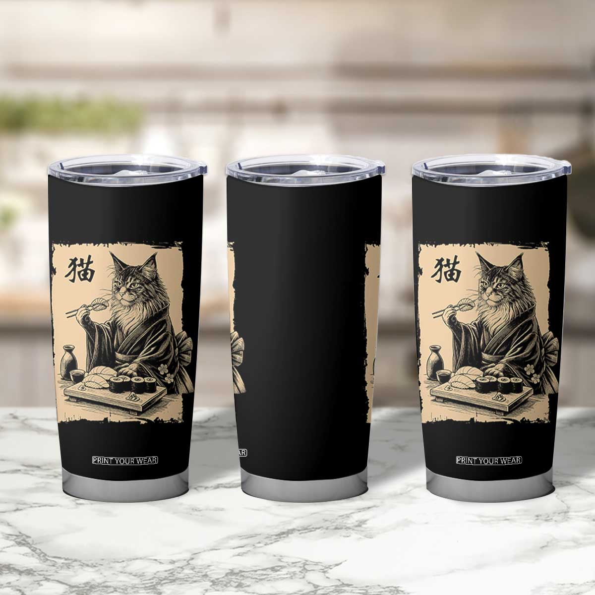 Vintage Japanese Cat Eating Sushi Tumbler Cup Funny Maine Coon Kimono Gift TS12 Print Your Wear