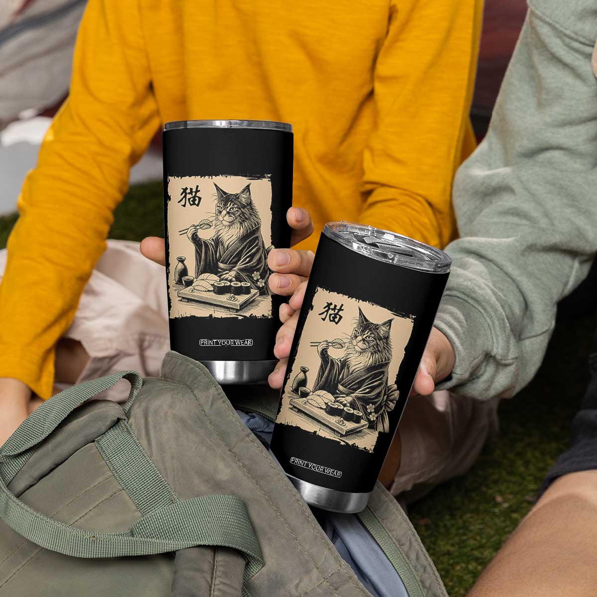 Vintage Japanese Cat Eating Sushi Tumbler Cup Funny Maine Coon Kimono Gift TS12 Print Your Wear