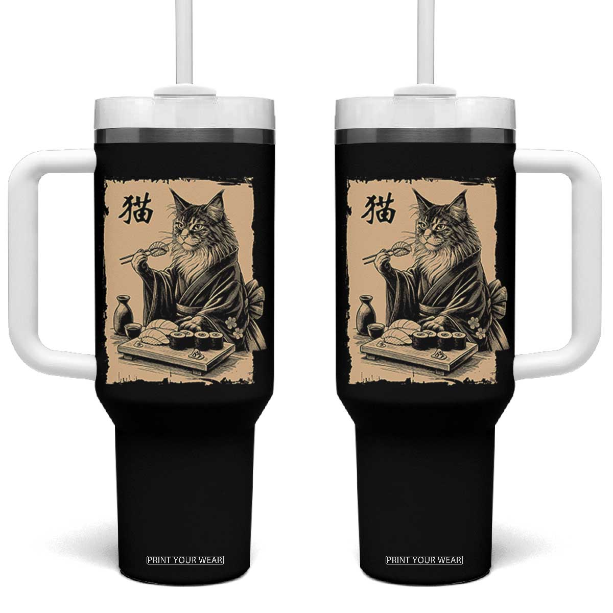Vintage Japanese Cat Eating Sushi Tumbler With Handle Funny Maine Coon Kimono Gift TS12 One Size: 40 oz Black Print Your Wear