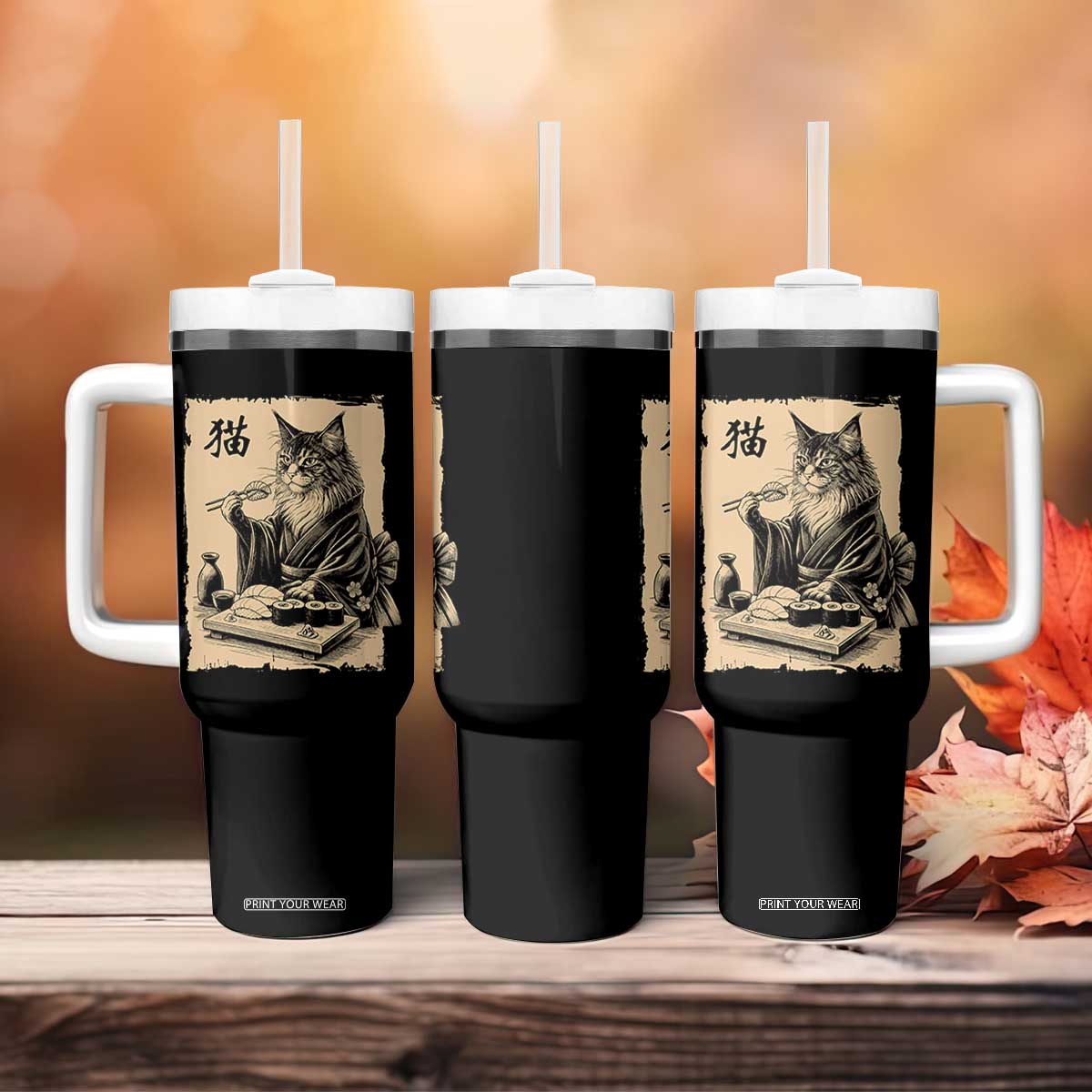 Vintage Japanese Cat Eating Sushi Tumbler With Handle Funny Maine Coon Kimono Gift TS12 Print Your Wear
