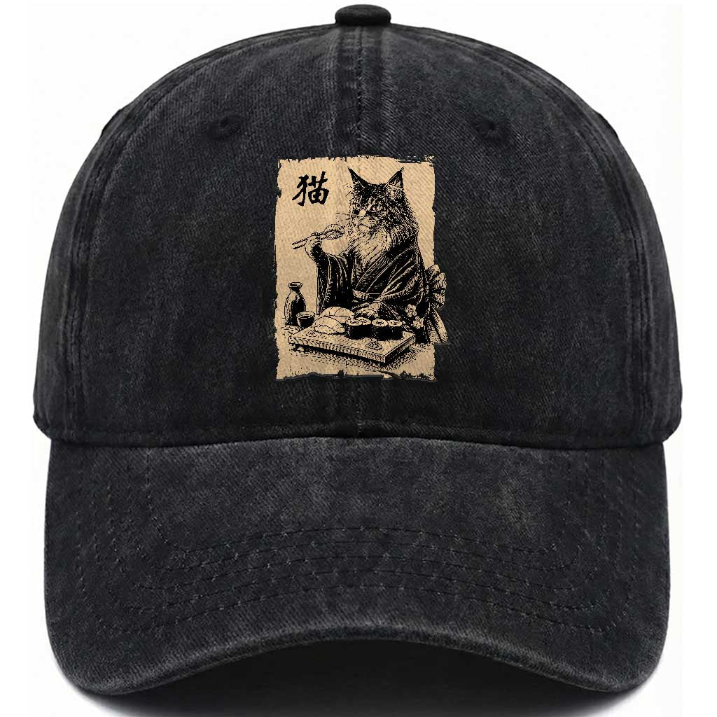 Vintage Japanese Cat Eating Sushi Washed Cotton Baseball Cap Funny Maine Coon Kimono Gift TS12 Print Your Wear