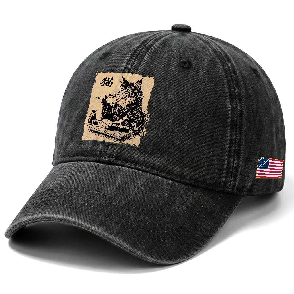Vintage Japanese Cat Eating Sushi Washed Cotton Baseball Cap Funny Maine Coon Kimono Gift TS12 Print Your Wear
