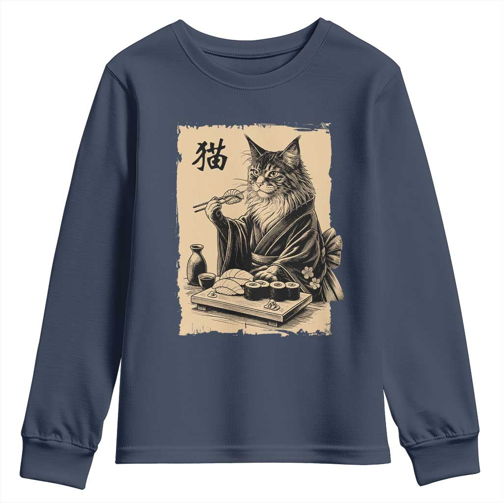 Vintage Japanese Cat Eating Sushi Youth Sweatshirt Funny Maine Coon Kimono Gift TS12 Navy Print Your Wear
