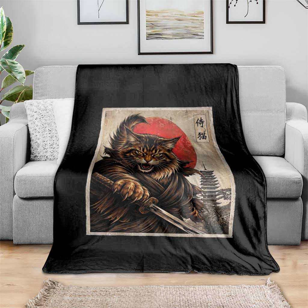 Japanese Maine Coon Samurai Warrior Throw Blanket Vintage Ukiyoe Cat TS12 Print Your Wear
