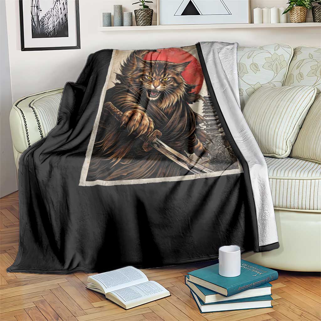 Japanese Maine Coon Samurai Warrior Throw Blanket Vintage Ukiyoe Cat TS12 Print Your Wear