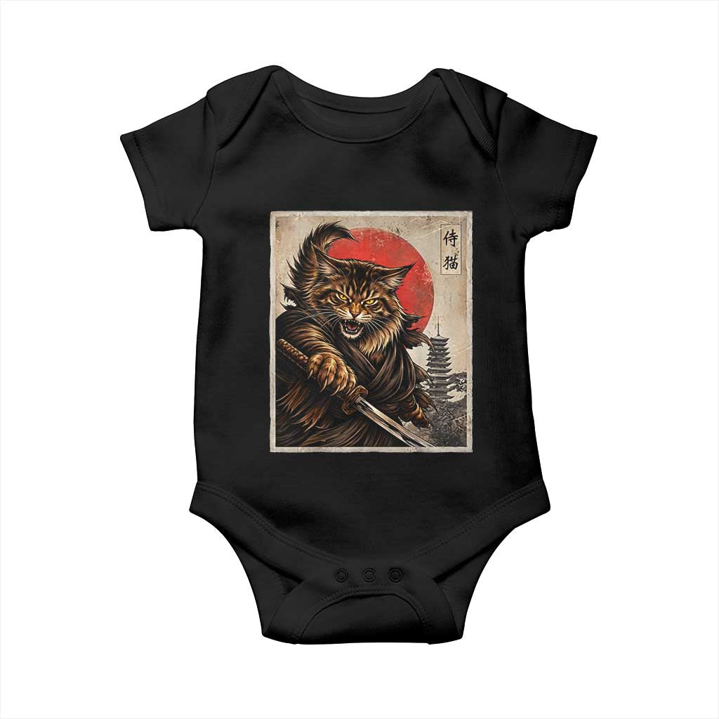 Japanese Maine Coon Samurai Warrior Baby Onesie Vintage Ukiyoe Cat TS12 Black Print Your Wear