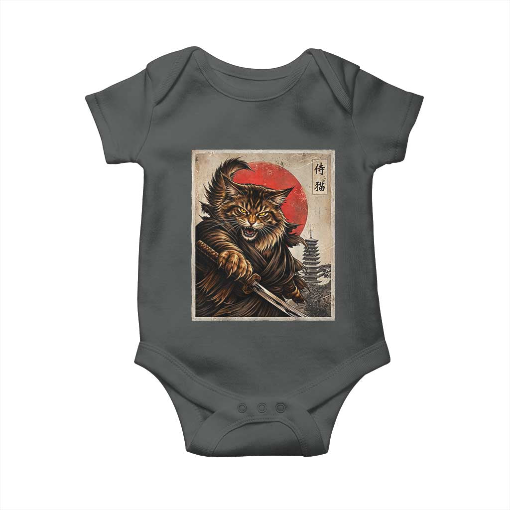 Japanese Maine Coon Samurai Warrior Baby Onesie Vintage Ukiyoe Cat TS12 Dark Heather Print Your Wear
