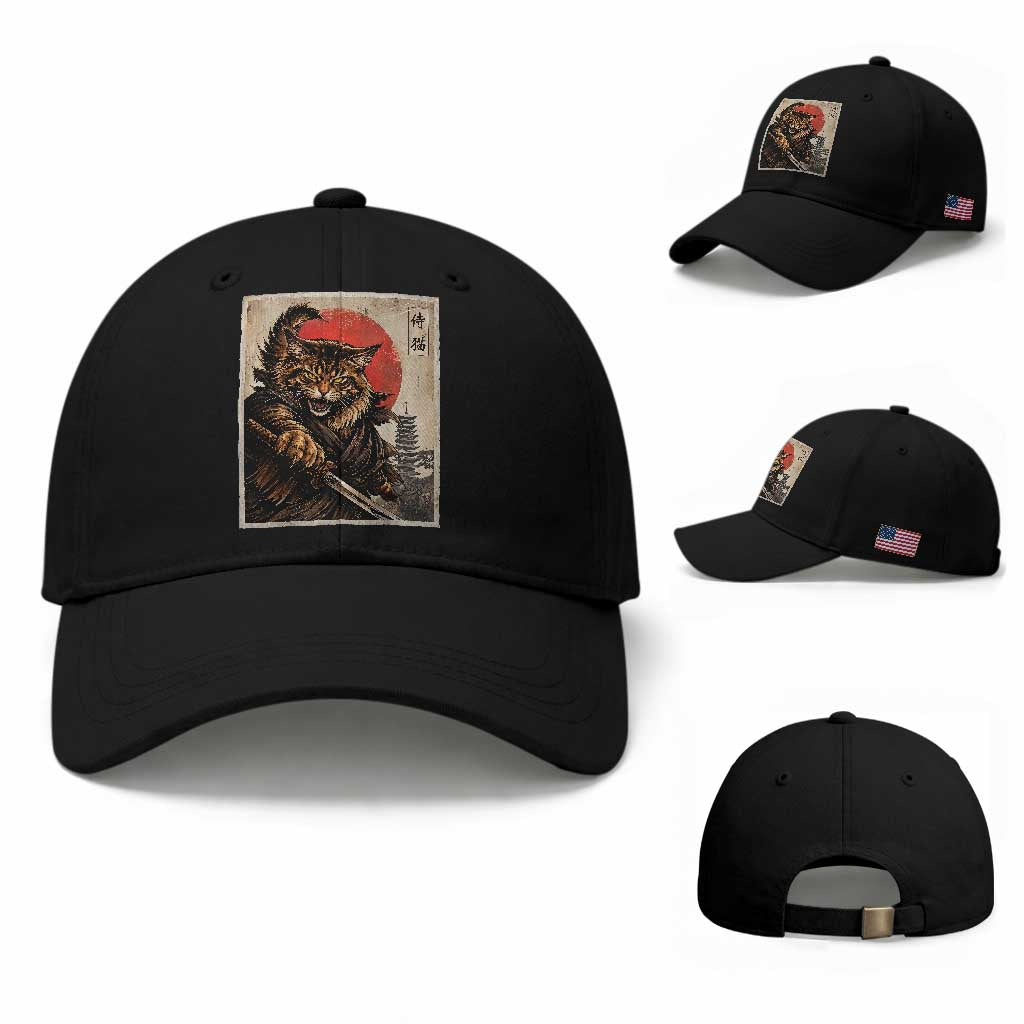 Japanese Maine Coon Samurai Warrior Baseball Cap Vintage Ukiyoe Cat TS12 Baseball Cap Universal Fit Black Print Your Wear