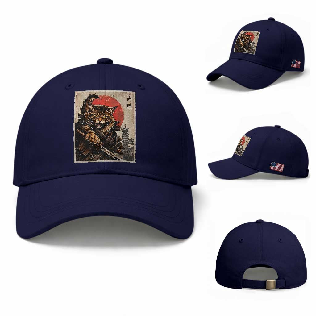 Japanese Maine Coon Samurai Warrior Baseball Cap Vintage Ukiyoe Cat TS12 Baseball Cap Universal Fit Dark Blue Print Your Wear
