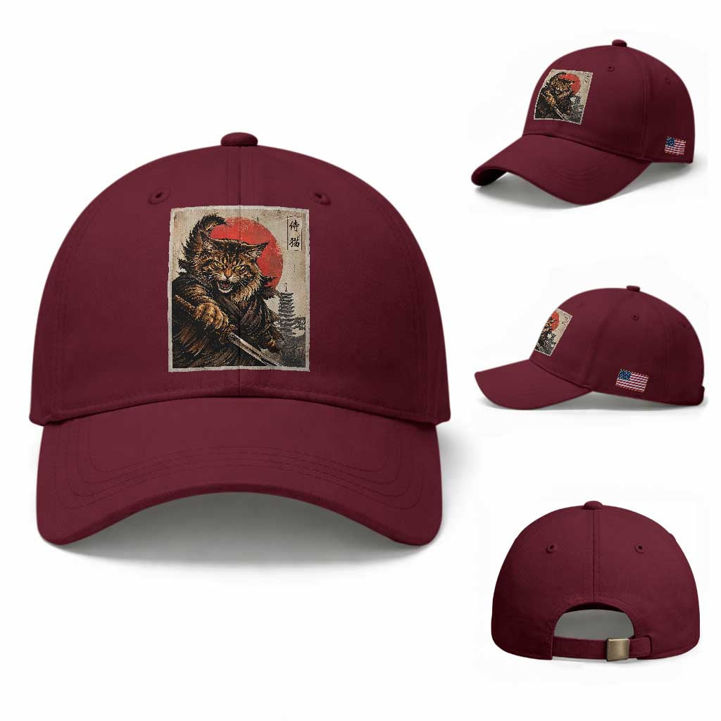 Japanese Maine Coon Samurai Warrior Baseball Cap Vintage Ukiyoe Cat TS12 Baseball Cap Universal Fit Maroon Print Your Wear