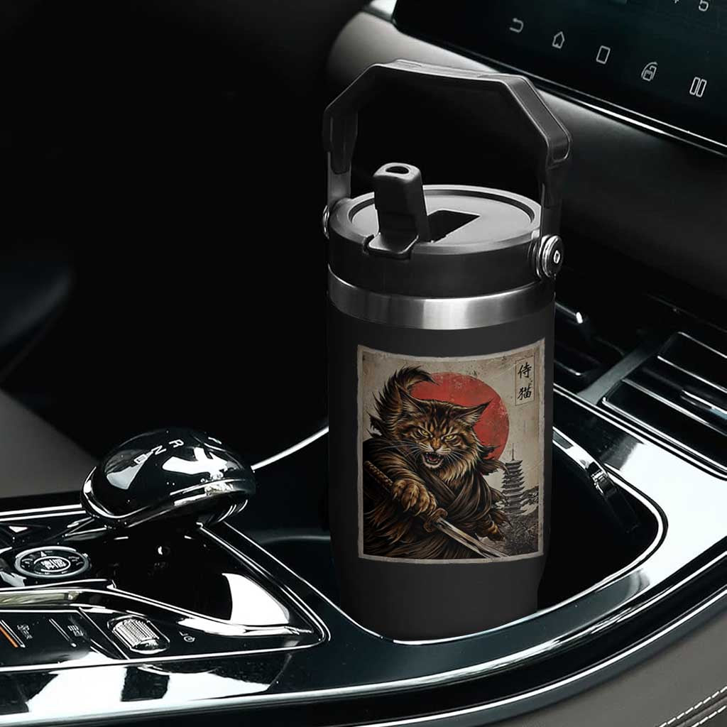 Japanese Maine Coon Samurai Warrior Flip Straw Tumbler Vintage Ukiyoe Cat TS12 Print Your Wear