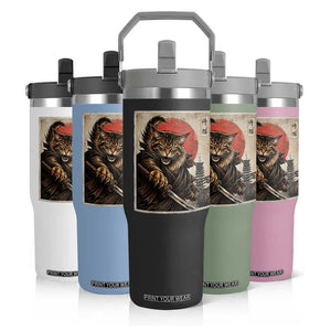 Japanese Maine Coon Samurai Warrior Flip Straw Tumbler Vintage Ukiyoe Cat TS12 Print Your Wear