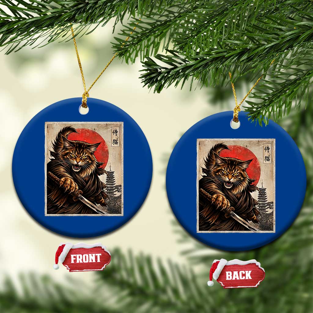 Japanese Maine Coon Samurai Warrior Ceramic Ornament Vintage Ukiyoe Cat TS12 1pc Blue Print Your Wear