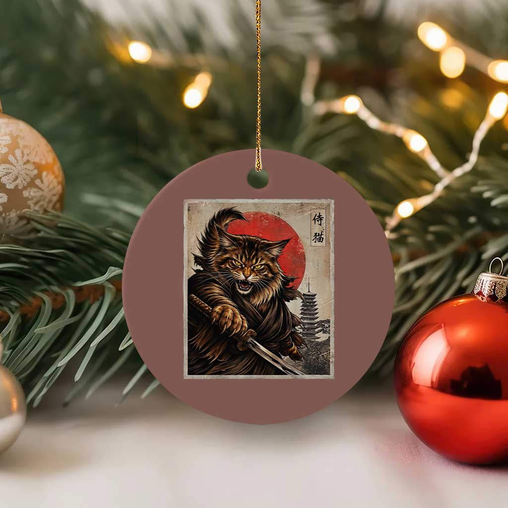 Japanese Maine Coon Samurai Warrior Ceramic Ornament Vintage Ukiyoe Cat TS12 1pc Mocha Print Your Wear