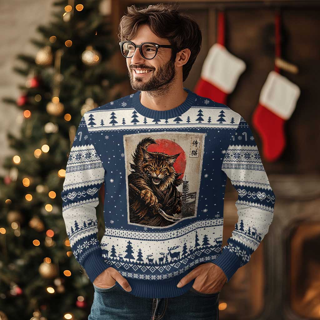 Japanese Maine Coon Samurai Warrior Ugly Christmas Sweater Vintage Ukiyoe Cat TS12 Navy Beige Print Your Wear