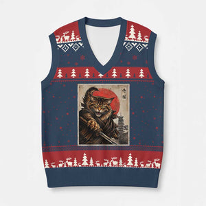 Japanese Maine Coon Samurai Warrior V-Neck Knit Sweater Vest Vintage Ukiyoe Cat TS12 Navy Red Print Your Wear