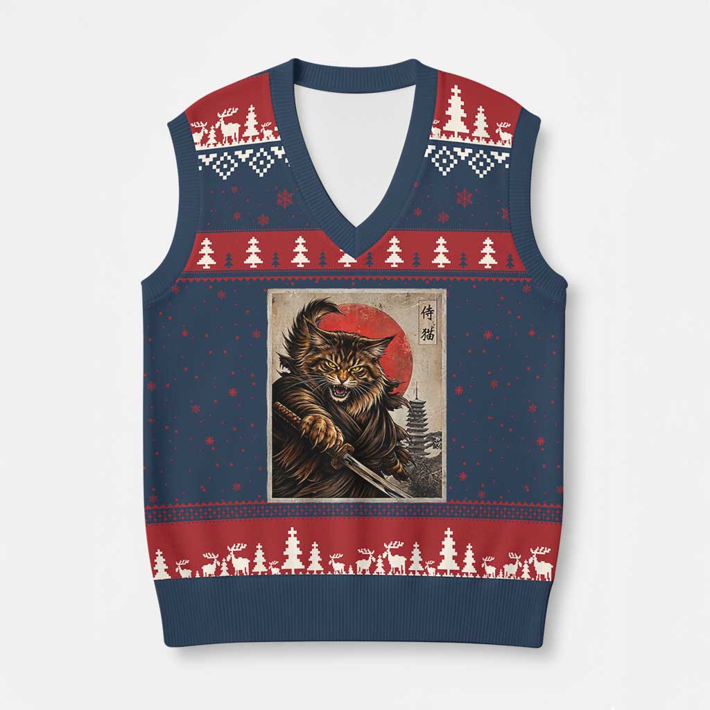 Japanese Maine Coon Samurai Warrior V-Neck Knit Sweater Vest Vintage Ukiyoe Cat TS12 Navy Red Print Your Wear
