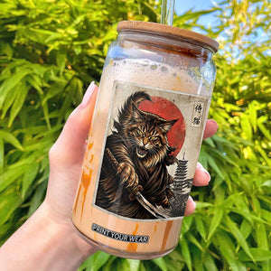 Japanese Maine Coon Samurai Warrior Glass Can Vintage Ukiyoe Cat TS12 Black Print Your Wear