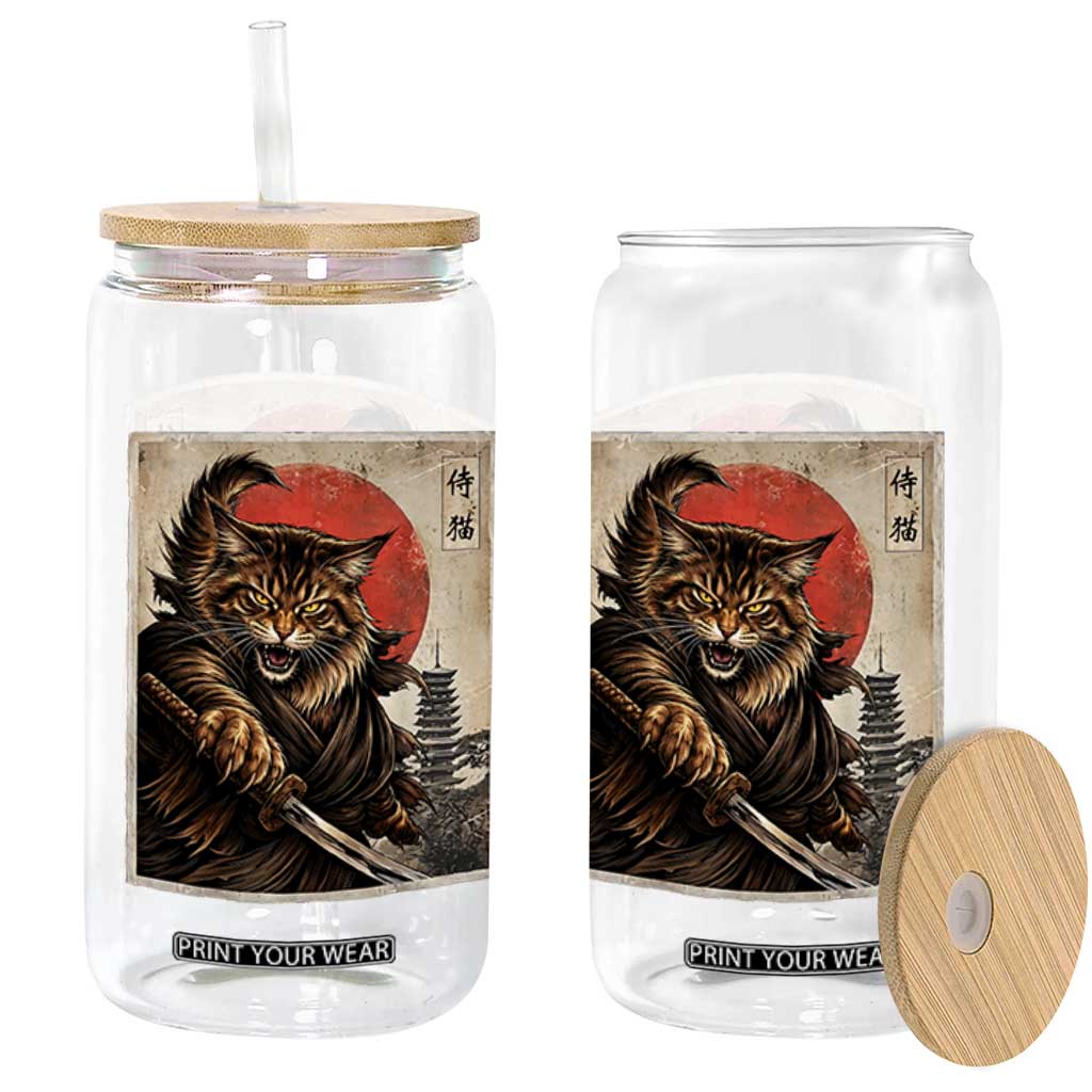 Japanese Maine Coon Samurai Warrior Glass Can Vintage Ukiyoe Cat TS12 Print Your Wear