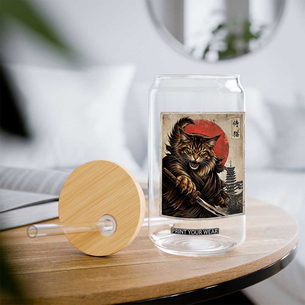 Japanese Maine Coon Samurai Warrior Glass Can Vintage Ukiyoe Cat TS12 Print Your Wear