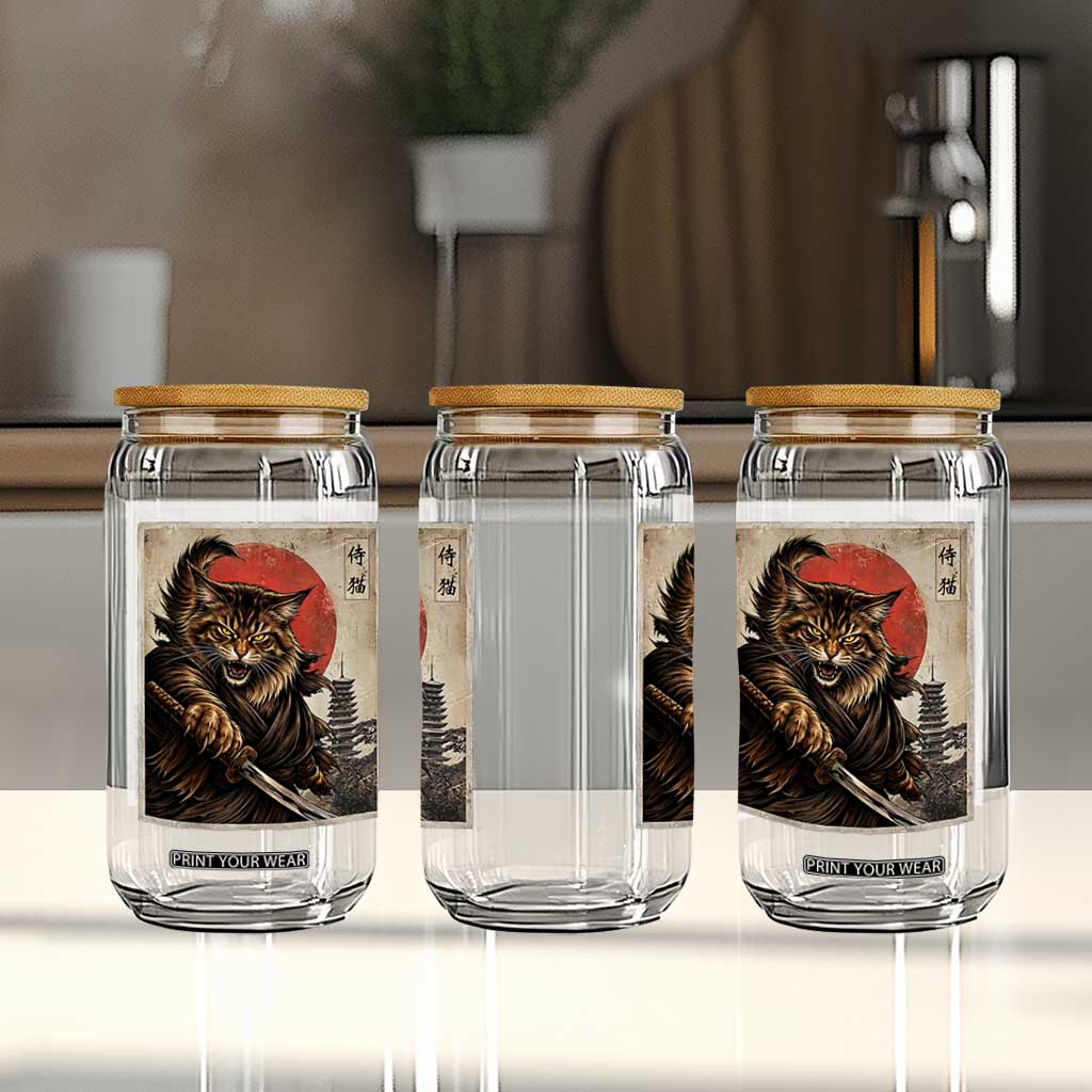Japanese Maine Coon Samurai Warrior Glass Can Vintage Ukiyoe Cat TS12 Print Your Wear
