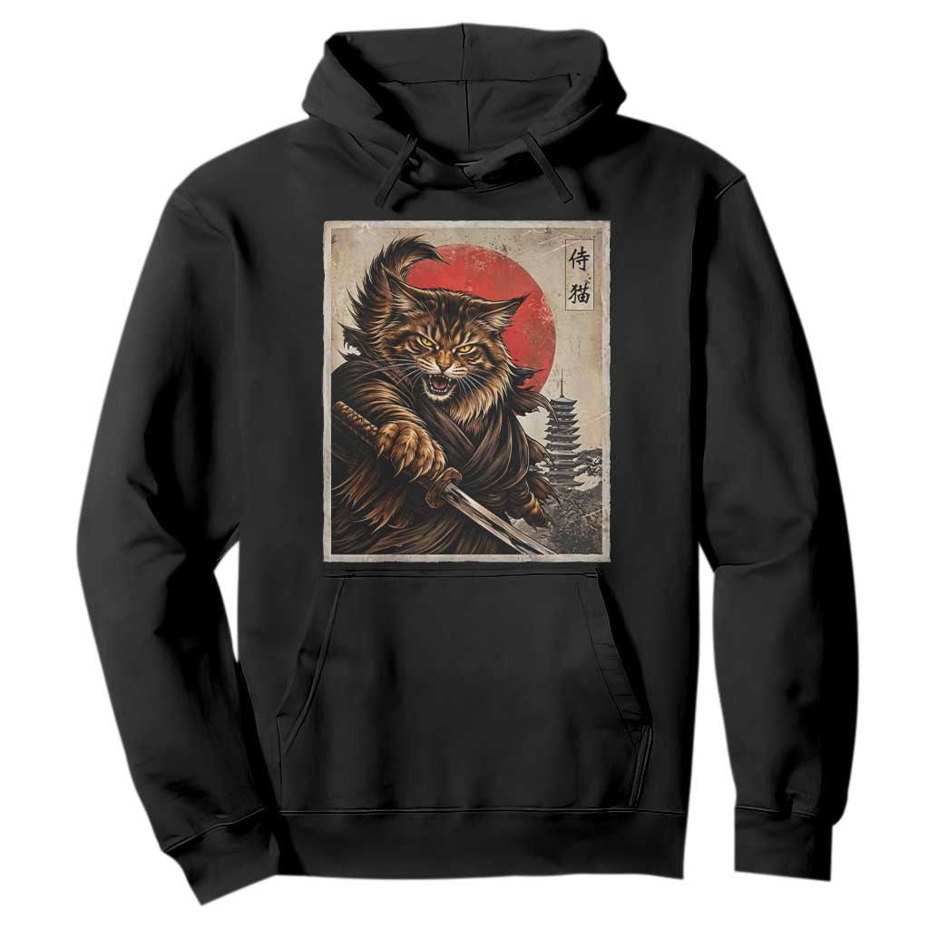 Japanese Maine Coon Samurai Warrior Hoodie Vintage Ukiyoe Cat TS12 Black Print Your Wear