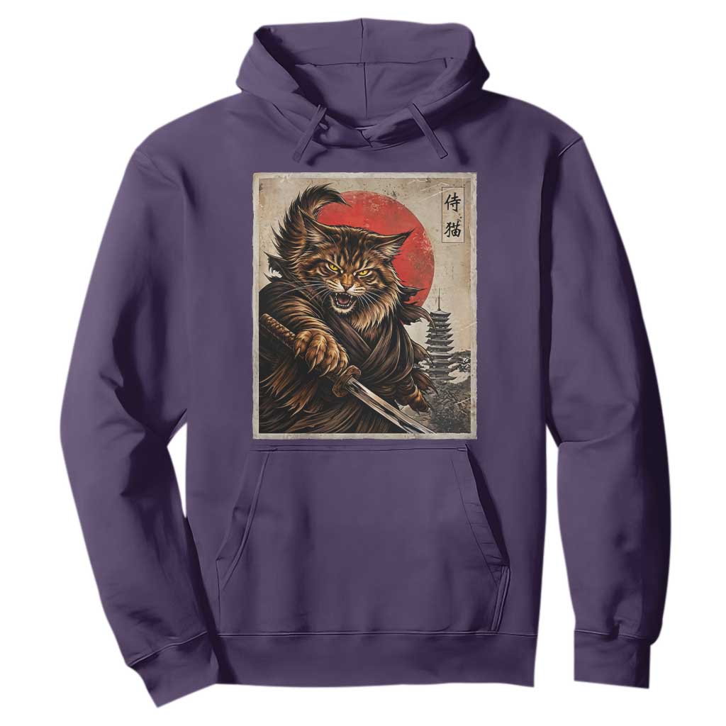 Japanese Maine Coon Samurai Warrior Hoodie Vintage Ukiyoe Cat TS12 Purple Print Your Wear