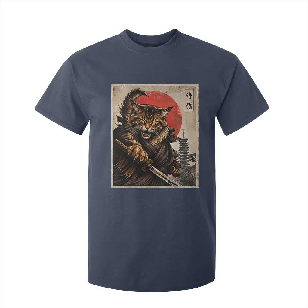 Japanese Maine Coon Samurai Warrior T Shirt For Kid Vintage Ukiyoe Cat TS12 Navy Print Your Wear