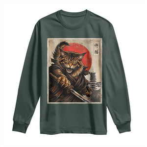 Japanese Maine Coon Samurai Warrior Long Sleeve Shirt Vintage Ukiyoe Cat TS12 Dark Forest Green Print Your Wear