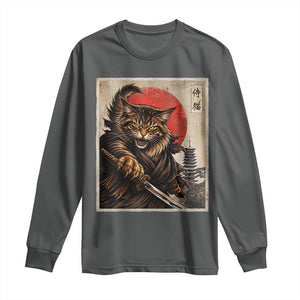 Japanese Maine Coon Samurai Warrior Long Sleeve Shirt Vintage Ukiyoe Cat TS12 Dark Heather Print Your Wear