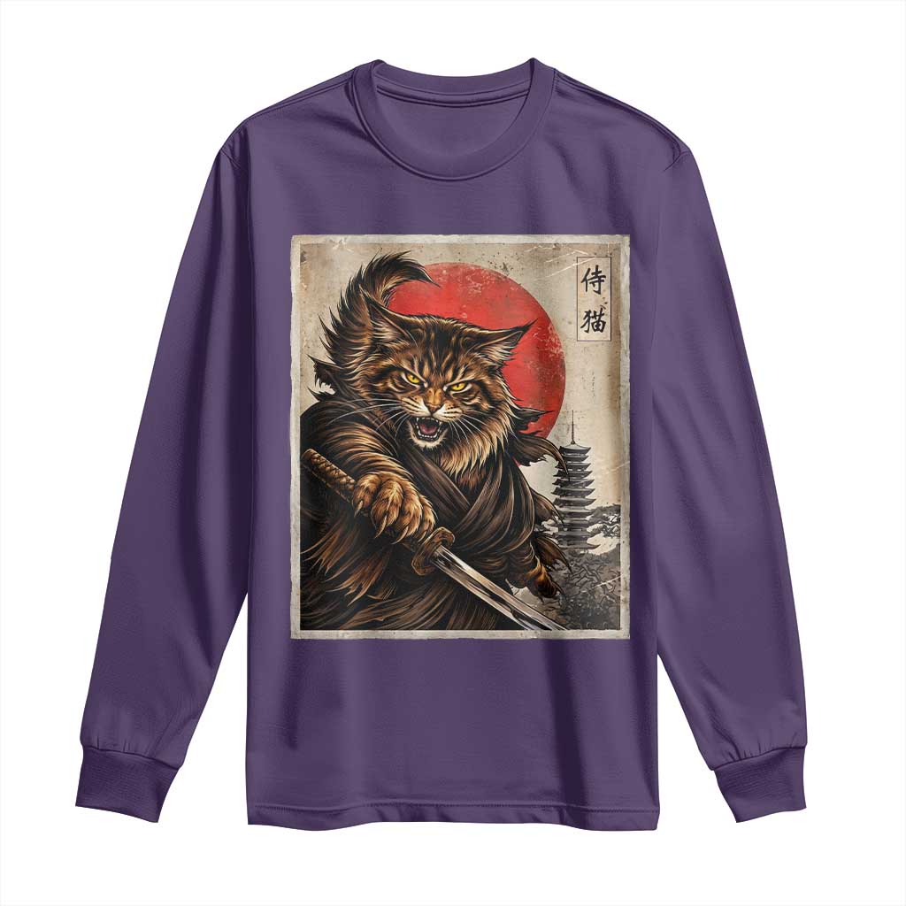 Japanese Maine Coon Samurai Warrior Long Sleeve Shirt Vintage Ukiyoe Cat TS12 Purple Print Your Wear
