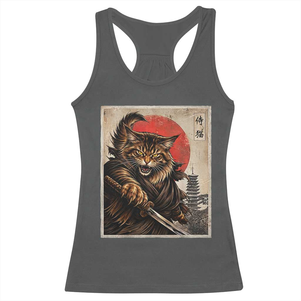 Japanese Maine Coon Samurai Warrior Racerback Tank Top Vintage Ukiyoe Cat TS12 Dark Heather Print Your Wear