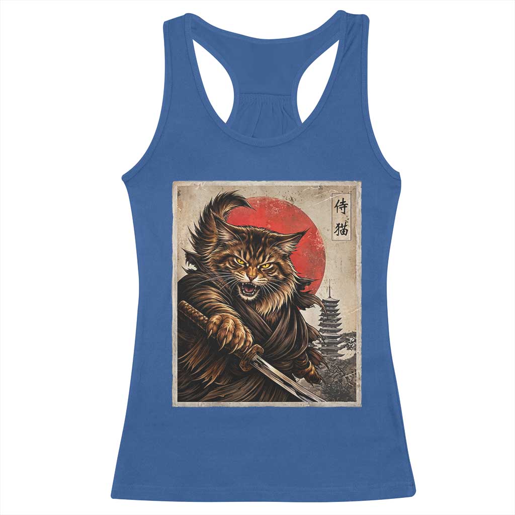 Japanese Maine Coon Samurai Warrior Racerback Tank Top Vintage Ukiyoe Cat TS12 Royal Blue Print Your Wear