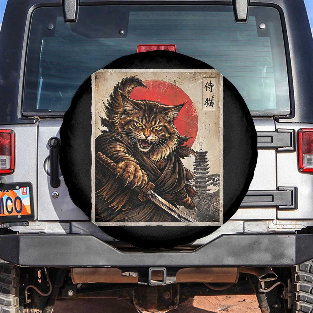 Japanese Maine Coon Samurai Warrior Spare Tire Cover Vintage Ukiyoe Cat TS12 No hole Black Print Your Wear