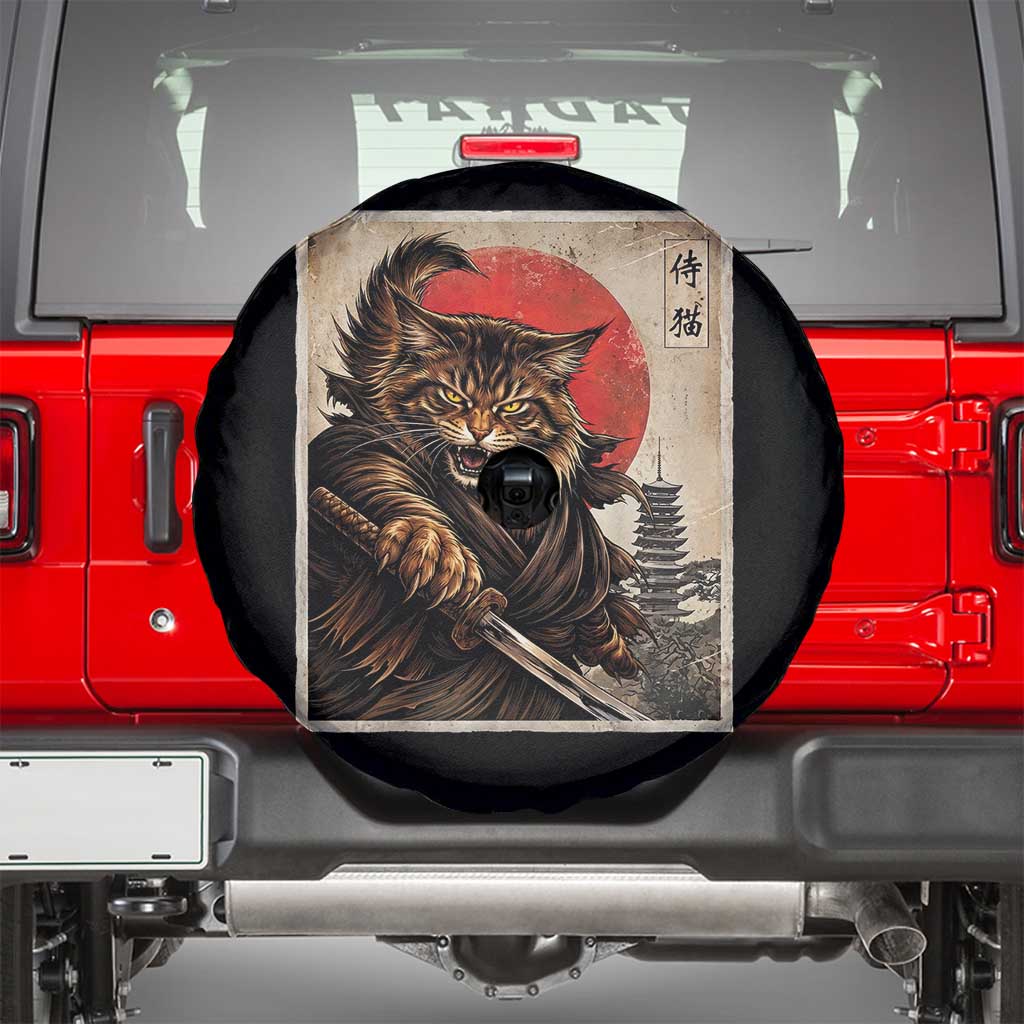 Japanese Maine Coon Samurai Warrior Spare Tire Cover Vintage Ukiyoe Cat TS12 Black Print Your Wear