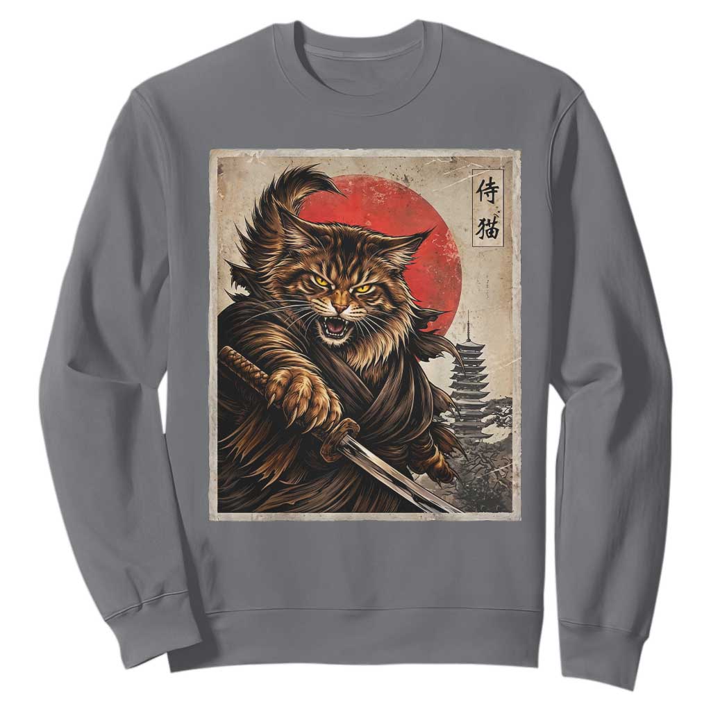 Japanese Maine Coon Samurai Warrior Sweatshirt Vintage Ukiyoe Cat TS12 Charcoal Print Your Wear